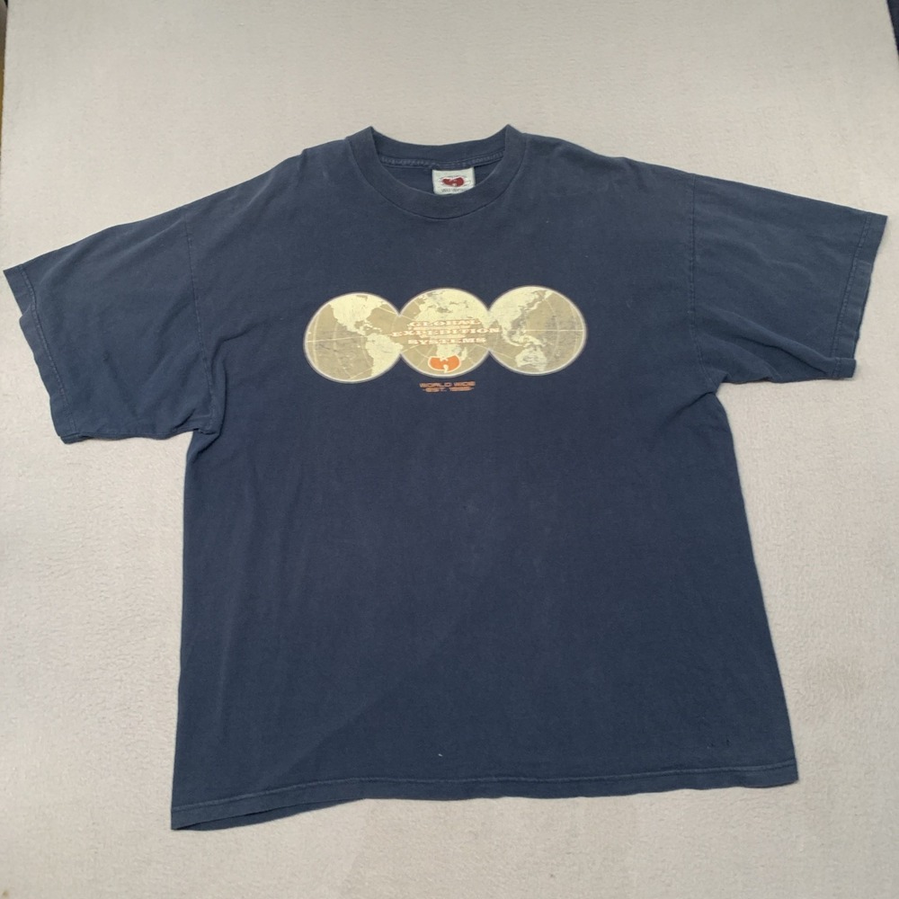 Vintage 90s Wu Wear Wu-Tang Clan Globe Tee Shirt 2XL Made USA Rap Hip Hop Navy